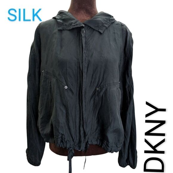 Unique DKNY black silk hooded bomber jacket size 4 small - Picture 1 of 11